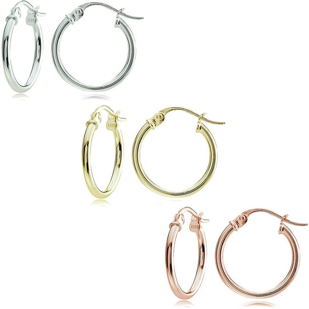 Rose Gold Flash Silver Polished Round Square-Tube & Oval Hoop Earrings Set Of 3 